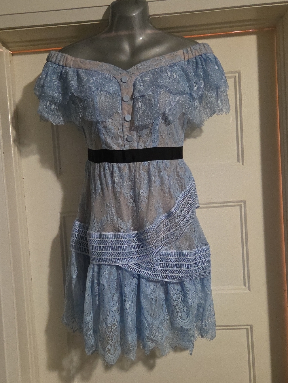 Light Blue Lace One-Shoulder Dress with Black Waistband